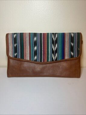 Nena & Co. Brown Leather & Multicolor Striped Woven Clutch
